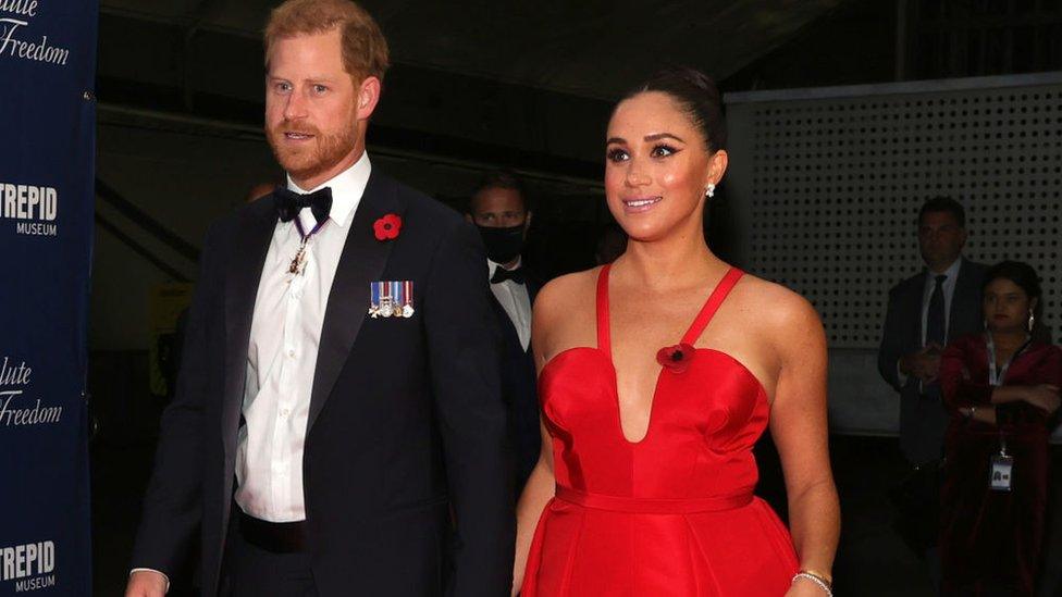 Prince Harry pictured with Meghan at an event in New York on Wednesday