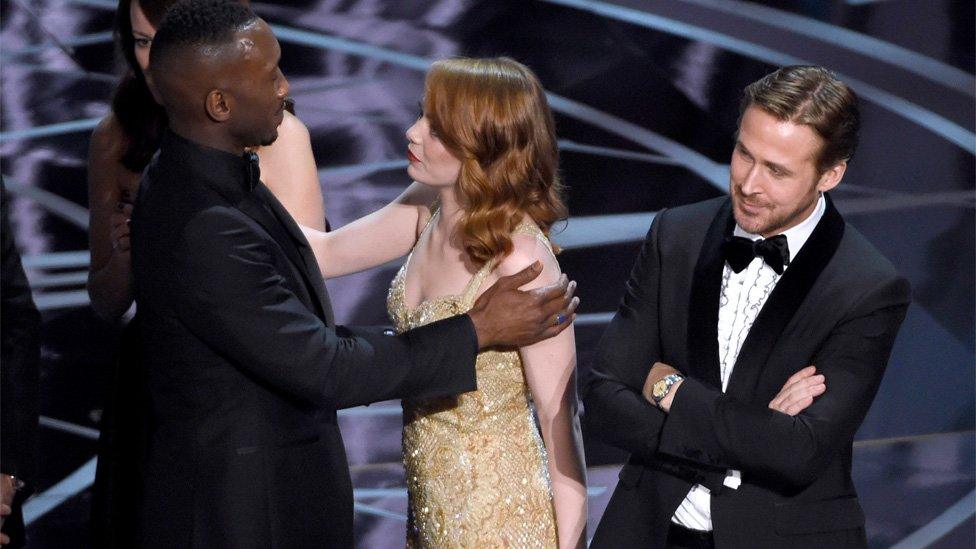 Mahershala Ali, Emma Stone and Ryan Gosling react to the mix-up