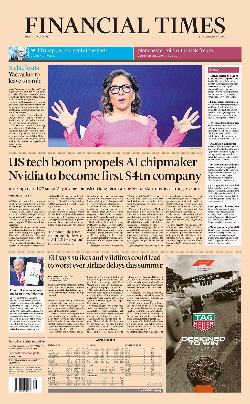 "US tech boom propels AI chipmaker Nvidia to become first $4th company" reads the main headline on the front page of the FT for Thursday 10 July 2025.