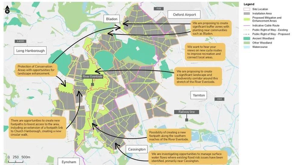 A map of the planned area for the Botley West Solar Farm. Large areas in grey mark where the solar farm would be, and the names of surrounding villages are dotted around the outside. 