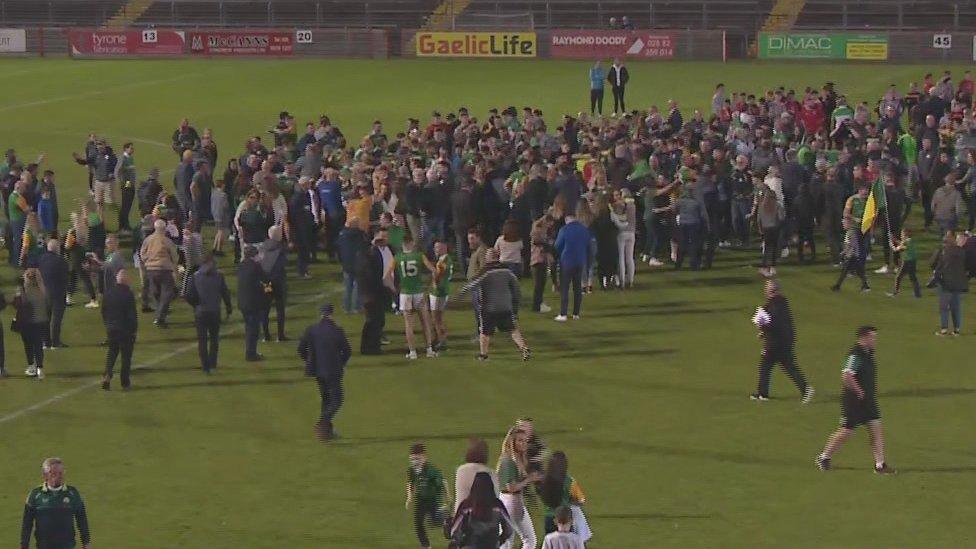 Crowds came onto the pitch after Dungannon Clarkes won their first Tyrone Football title in 64 years