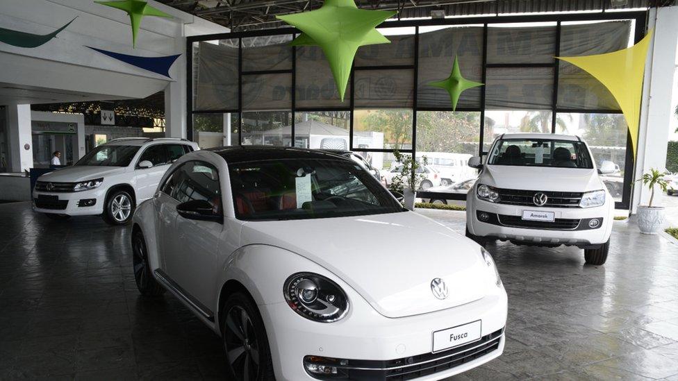 New cars at a Volkswagen dealership in Rio de Janeiro