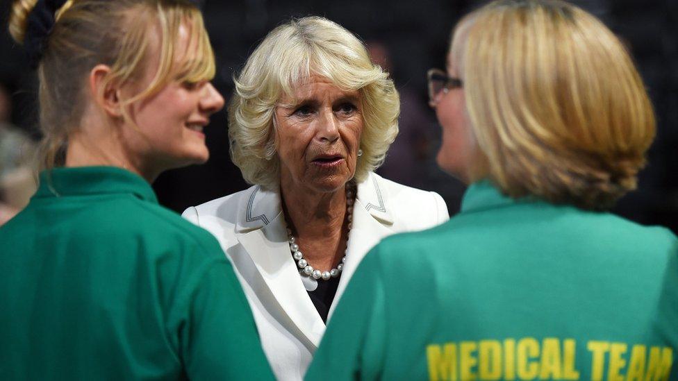 The Duchess of Cornwall meets medical and security staff at the Manchester Arena who helped the victims of the May 22 bomb attack at the arena, as part of a visit to Manchester