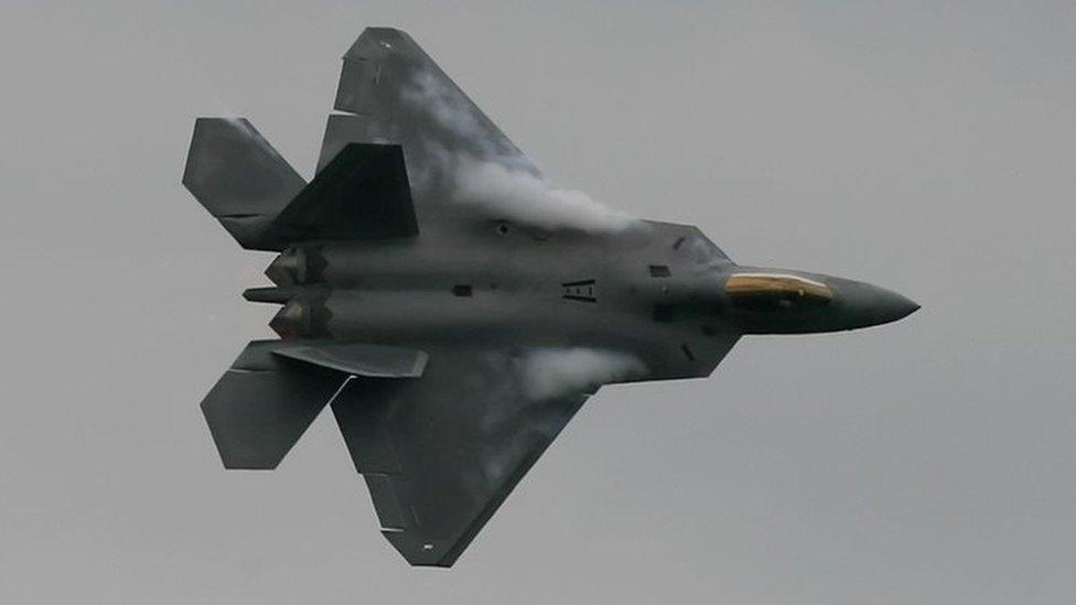 A US F22 Raptor fighter jet, on display at the Farnborough airshow in the UK, 2008