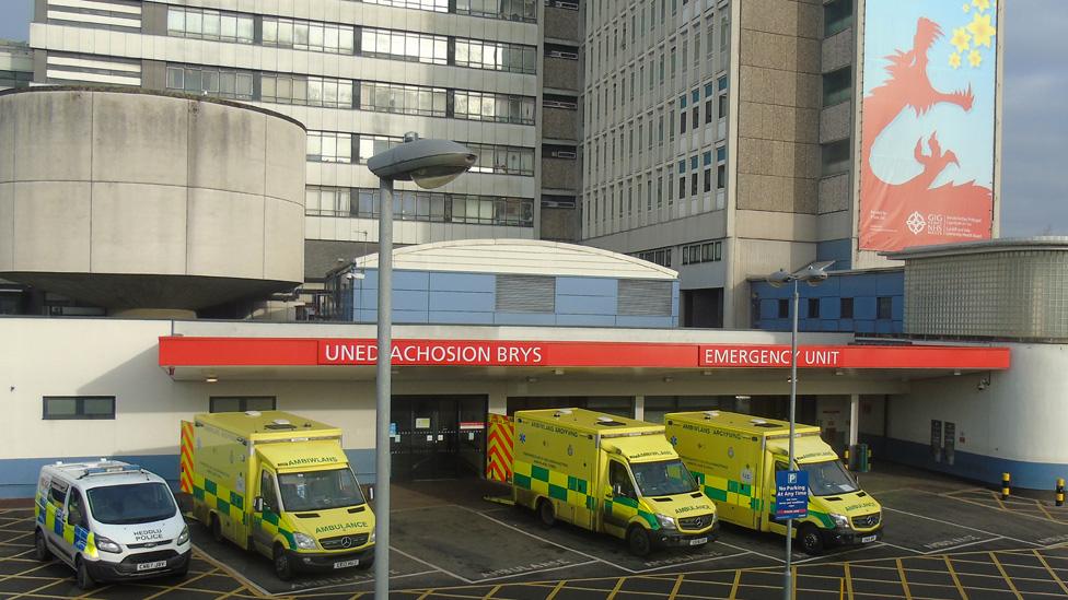 Ambulances outside University Hospital of Wales