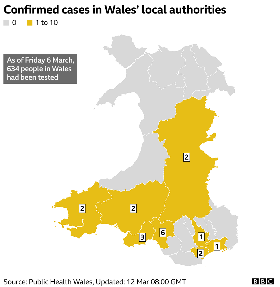 Map of coronavirus cases in Wales