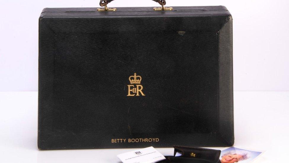 A black leather House of Commons dispatch box with gilt tooling bearing cypher for Elizabeth II and Betty Boothroyd