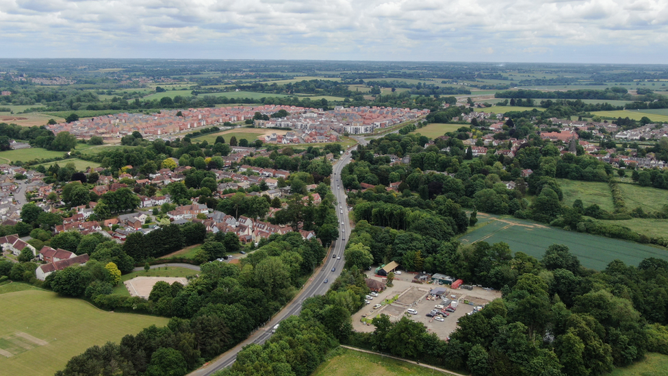 Gilden Park, top of the image, in Harlow