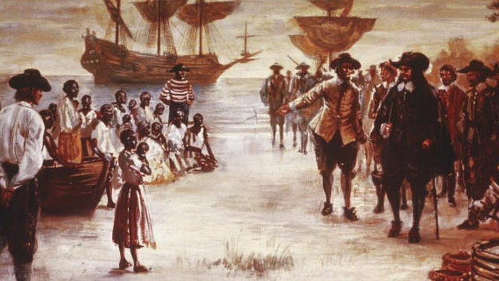 A painting shows the arrival of a Dutch slave ship with a group of African slaves for sale in Jamestown, Virginia, 1619