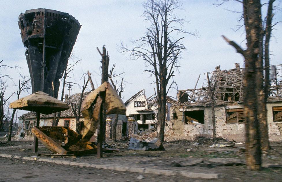 A ruined landscape of houses and trees