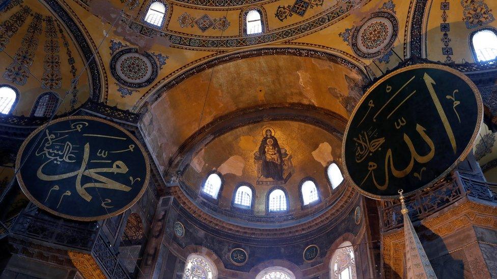 A mosaic depicting The Virgin Mary and Jesus is seen at Hagia Sophia