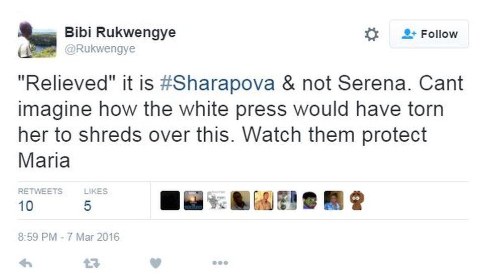 Relieved it is Sharapova not Serena. Cant imagine how the white press would have torn her to shreds over this. Watch them protect Maria