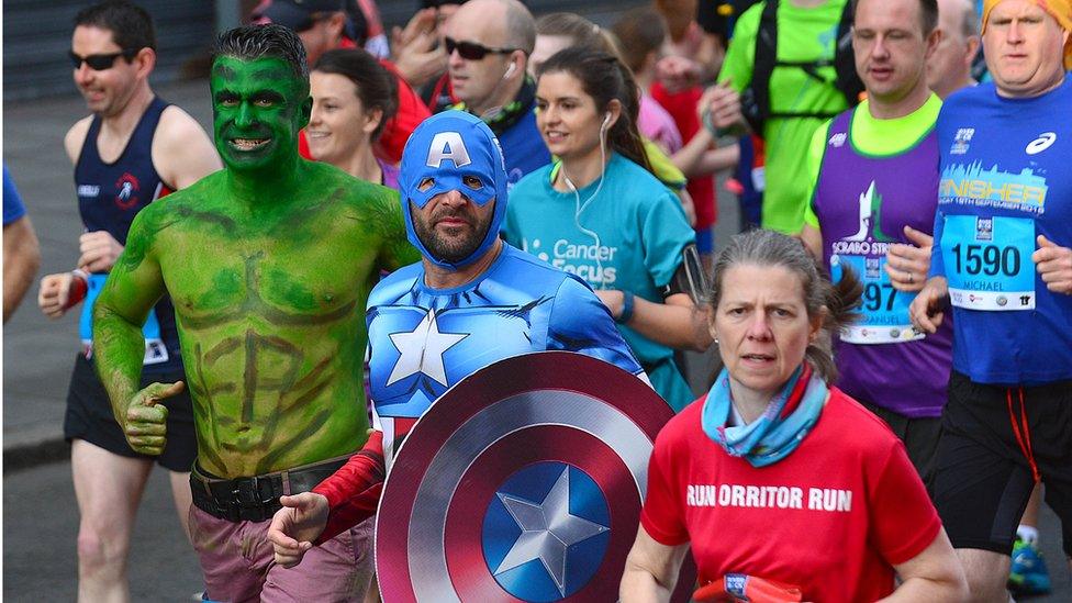 Runners wear fancy dress to compete in the marathon, Belfast City Marathon, 1 May 2017