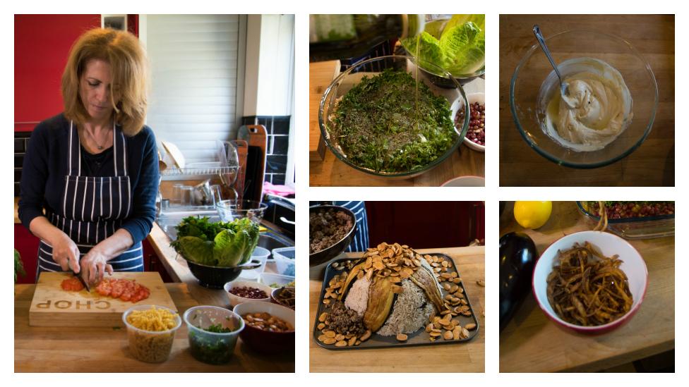 Majeda preparing chopped parsley (top middle), tahina (top right), maqluba (bottom middle), fried onions (bottom right)