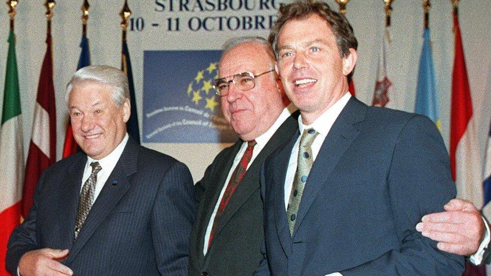 (Left-right): Boris Yeltsin, Helmut Kohl, Tony Blair