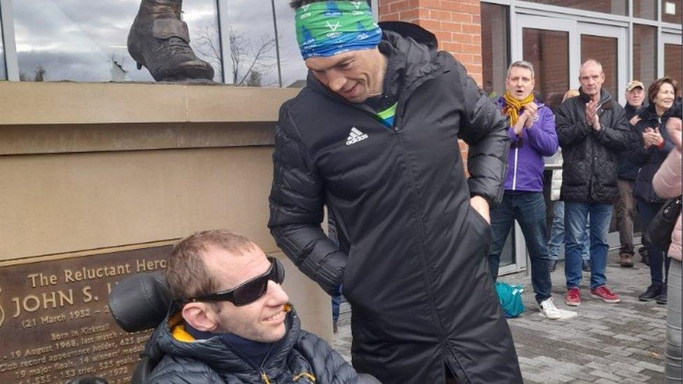 Kevin Sinfield greeted by Rob Burrow at Headingley Stadium