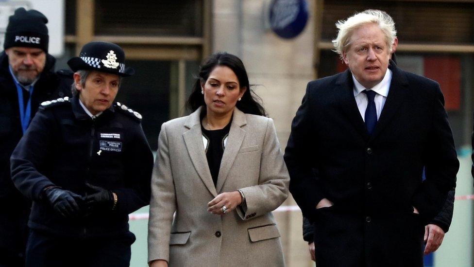 Cressida Dick, Priti Patel and Boris Johnson