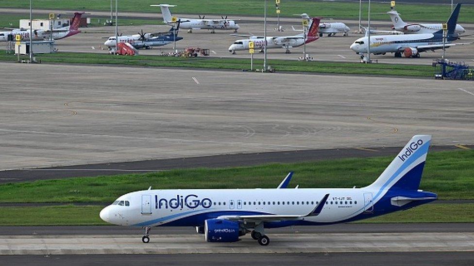 An IndiGo Airline passenger aircraft prepares to take-off from the Anna International Airport in Chennai