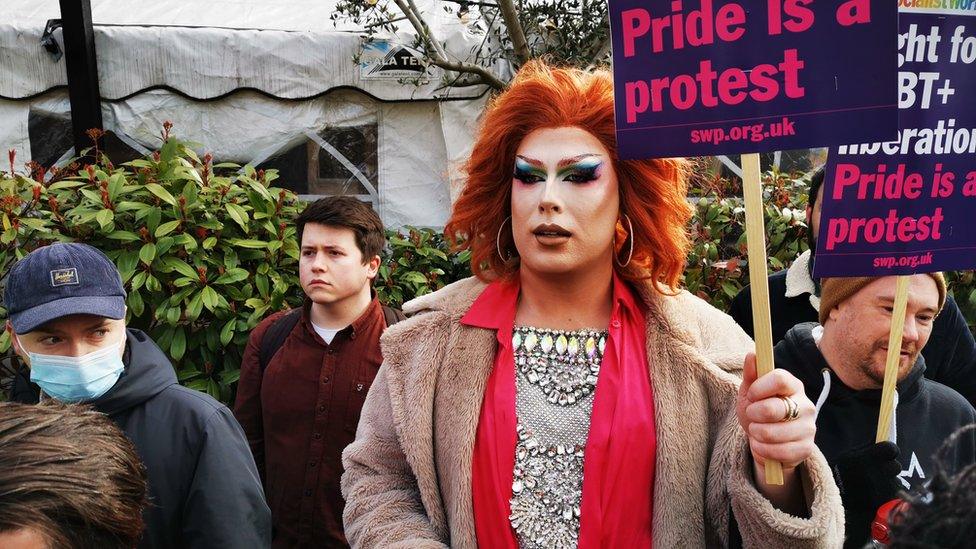 Counter protesters stand outside The Great Exhibition pub in East Dulwich.