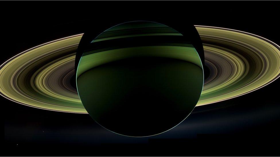 Cassini image of Saturn taken while the spacecraft was in Saturn&rsquo;s shadow.