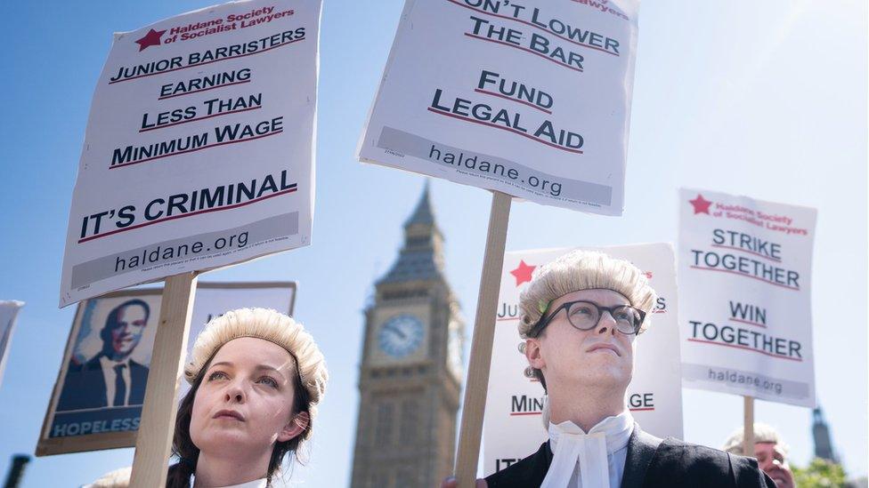 File photo dated 11/7/2022 of criminal defence barristers outside the Houses of Parliament in London as they support the ongoing Criminal Bar Association (CBA) action over Government set fees for legal aid advocacy work