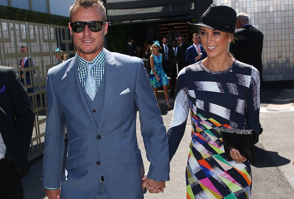 Lleyton Hewitt and Bec Hewitt arrive at the Swisse Marquee on Melbourne Cup Day at Flemington Racecourse on November 3, 2015