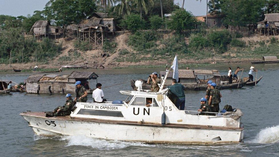 Troops from UNTAC (the United Nations Transitional Authority in Cambodia) patrol the rivers that course through the capital as they prepare the country for elections