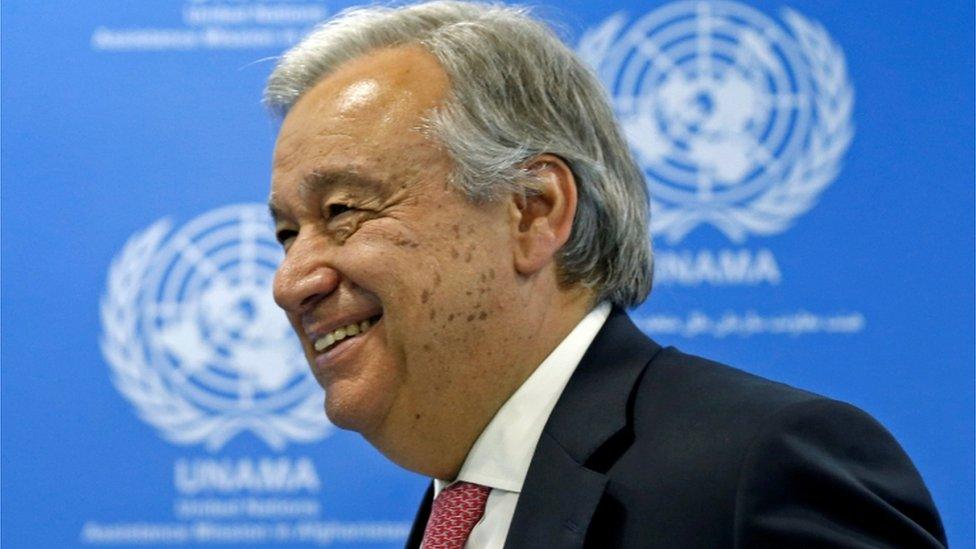 United Nations Secretary-General Antonio Guterres leaves after a news conference in Kabul, Afghanistan