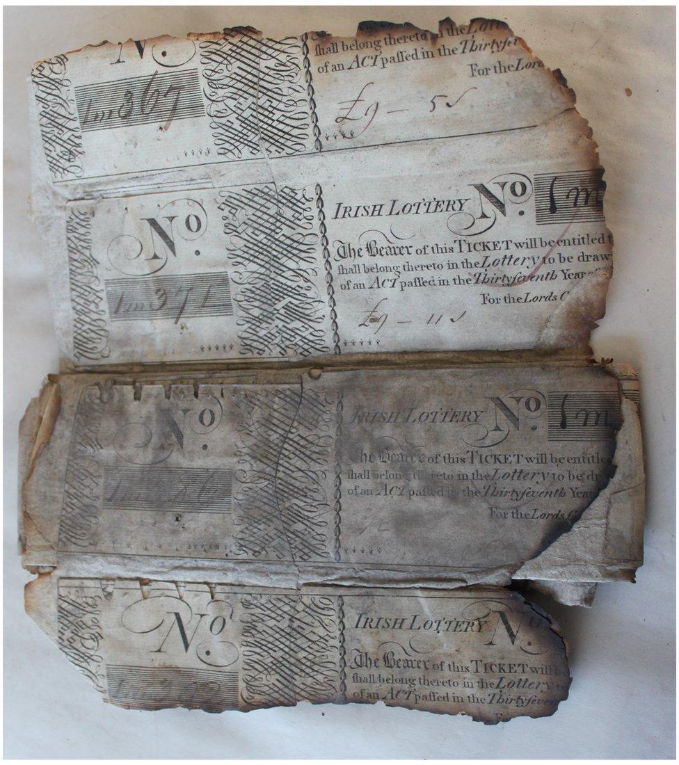 A burnt lottery ticket found after the fire at the Four Courts in Dublin in 1922