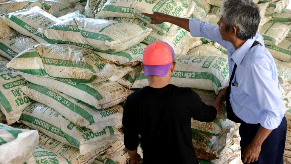 Bags of ammonium nitrate in customs storage in Indonesia