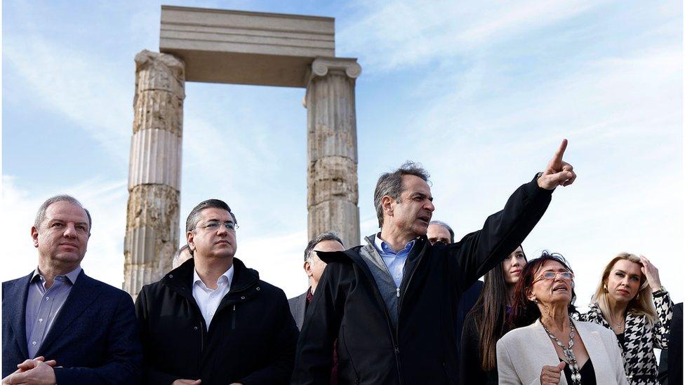 Greek Prime Minister Kyriakos Mitsotakis at the site of the Palace of Aigai