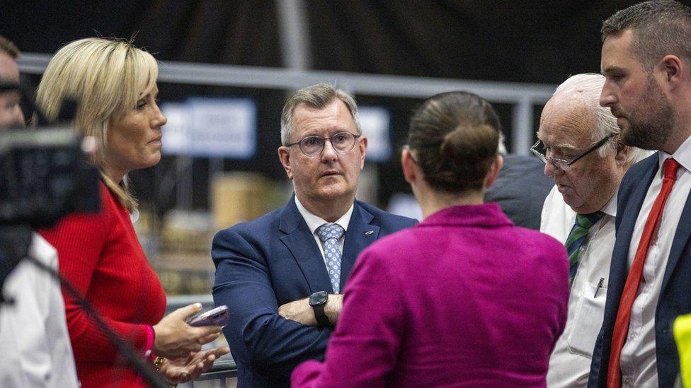 The DUP's Diane Forsythe with party leader Sir Jeffrey Donaldson and supporters at the Titanic Exhibition Centre, Belfast, as vote counting takes place