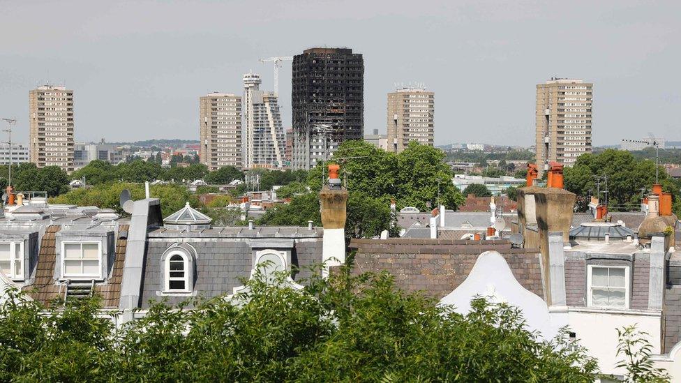 The burned shell of Grenfell Tower block on the London skyline