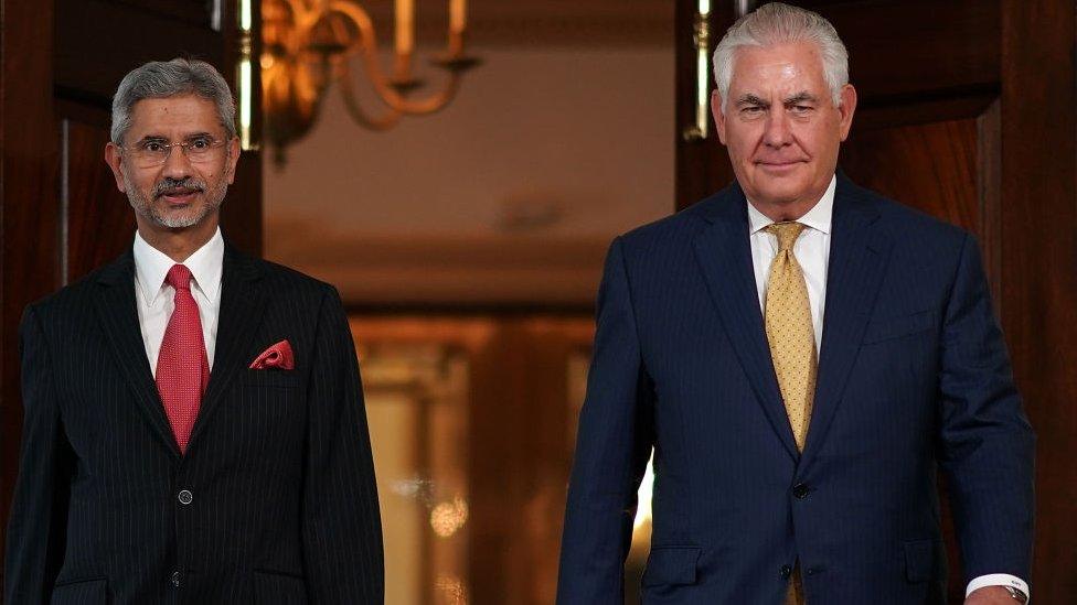 Secretary of State Rex Tillerson (R) walks with Indian Foreign Secretary Subrahmanyam Jaishankar (L) prior to their meeting at the State Department June 23, 2017 in Washington, DC.