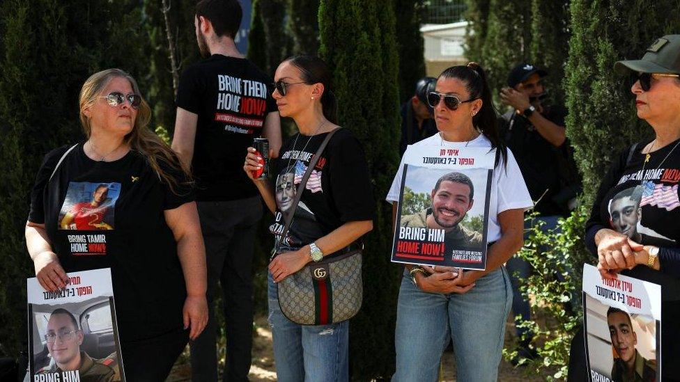 Families of hostage soldiers hold a press conference calling for the immediate return of their loved ones held in Gaza, amid the ongoing conflict between Israel and the Palestinian Islamist group Hamas, outside a recruitment military base in Kiryat Ono, Israel March 28, 2024