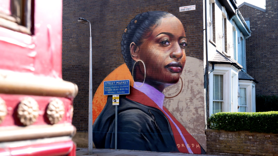 The mural of a black woman, painted by visual artist Dreph will be a permanent backdrop to EastEnders storylines