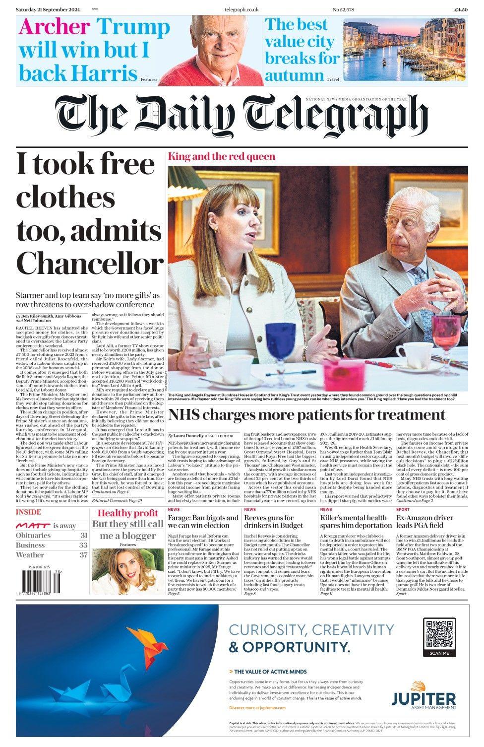 The Daily Telegraph headline reads: I took free clothes too, admits Chancellor