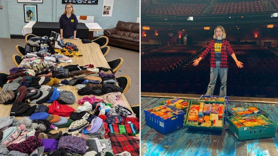 On the left is a picture of Lydia, with a blonde bob in a navy Come From Away show hoodie. She is stood in front of a wooden long rectangular table which has donations of hats, gloves and scarves on it. On the right is Lydia stood on a stage in a theatre. She has a blonde bob and is wearing blue denim jeans, a blue Come From Away show top and a red and black checked shirt. She is looking at the camera and smiling. On the stage is six crates full of food donations and behind her is a theatre auditorium.