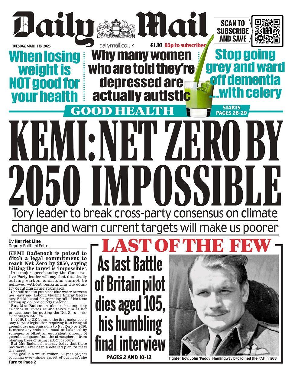 Front page of the Daily Mail for Tuesday 18 March 2025.