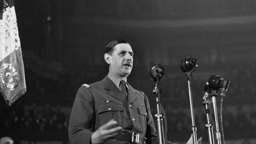 French general Charles de Gaulle addressing a meeting at the Royal Albert Hall, London in 1942