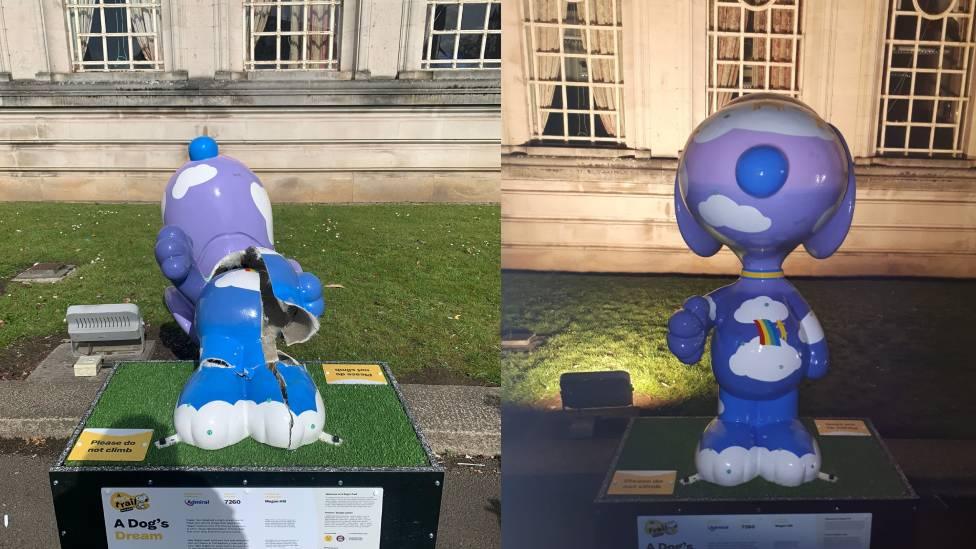 Snoopy sculpture before it was destroyed and after being snapped off