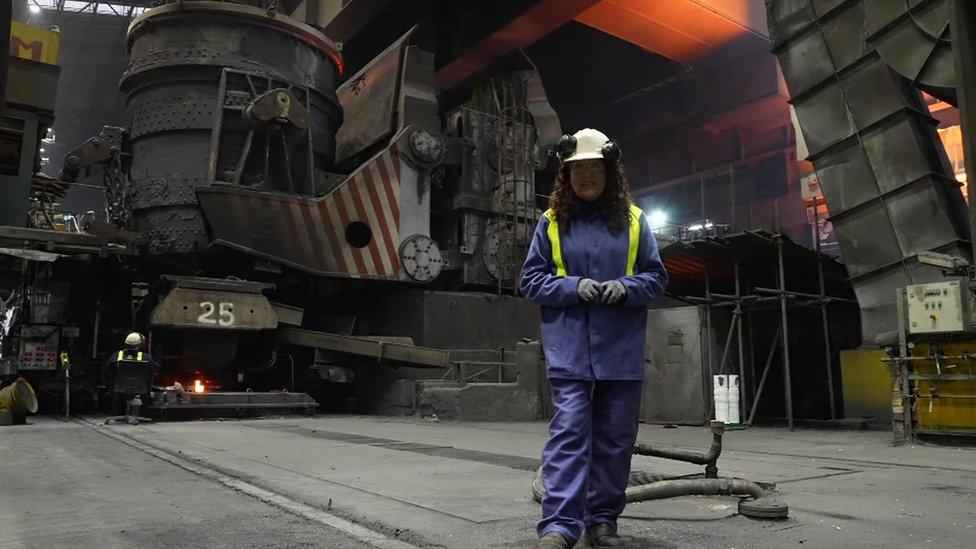 Sarah Dickins at Tata Steel works in Port Talbot