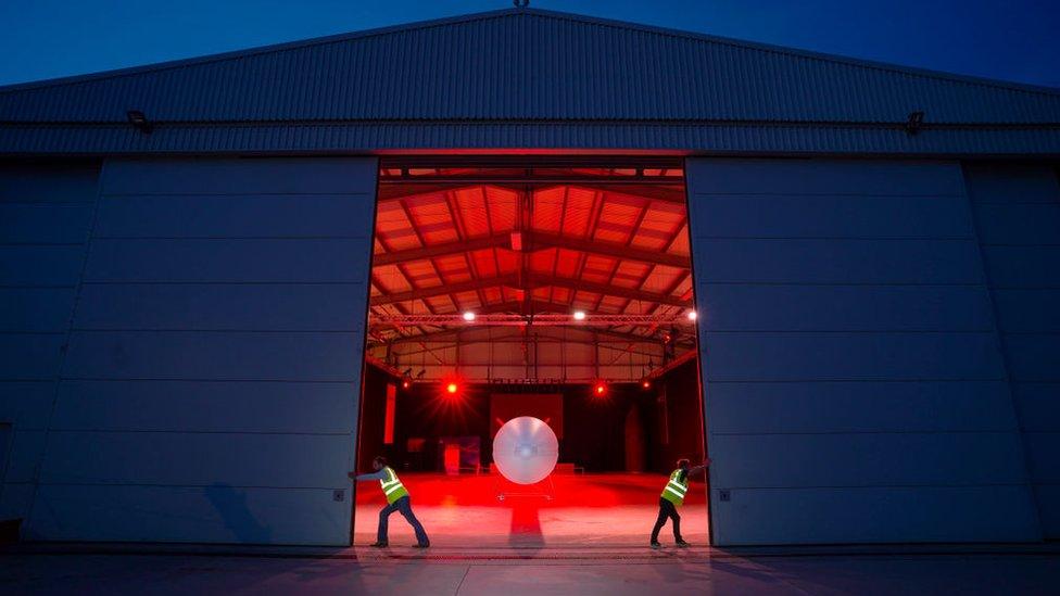 The Virgin Orbit Launcher One rocket in its hanger at Newquay Airport