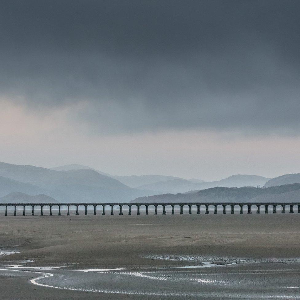 Barmouth Bridge at dusk, Mawddach Estuary, Gwynedd.