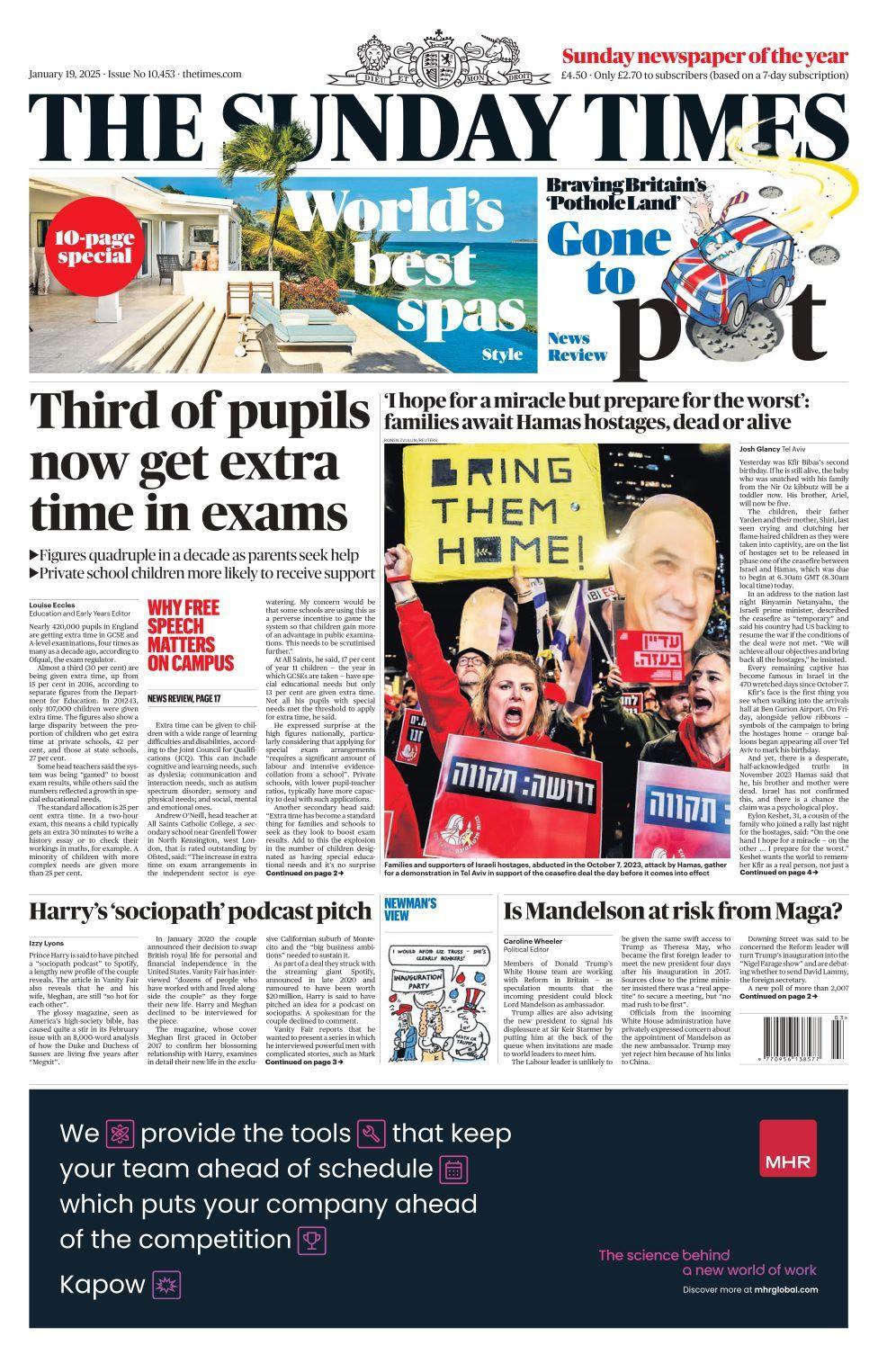 Sunday Times front page on 19 January 2025 