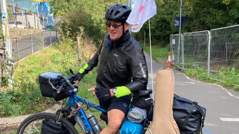 Mr Ridley on his bike at the finish line