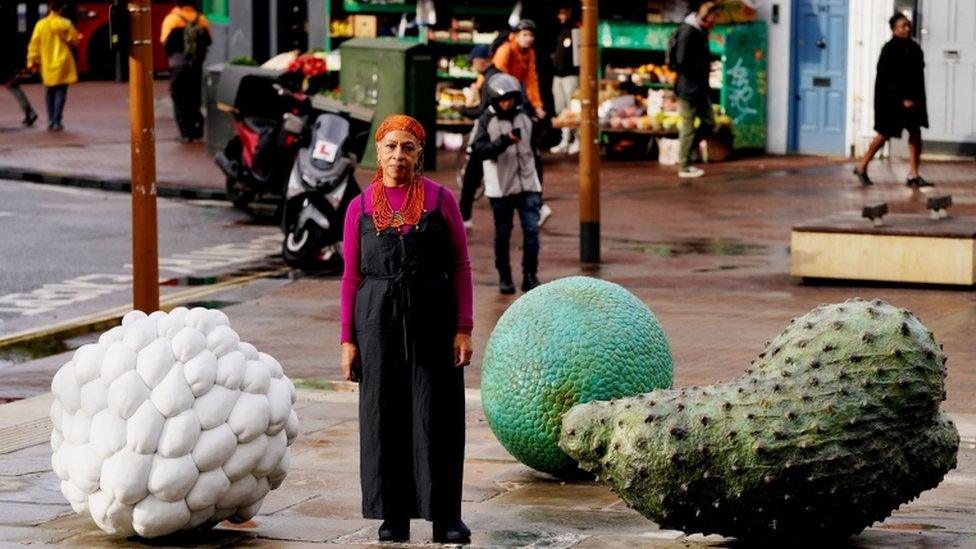 Veronica Ryan with windrush sculpture