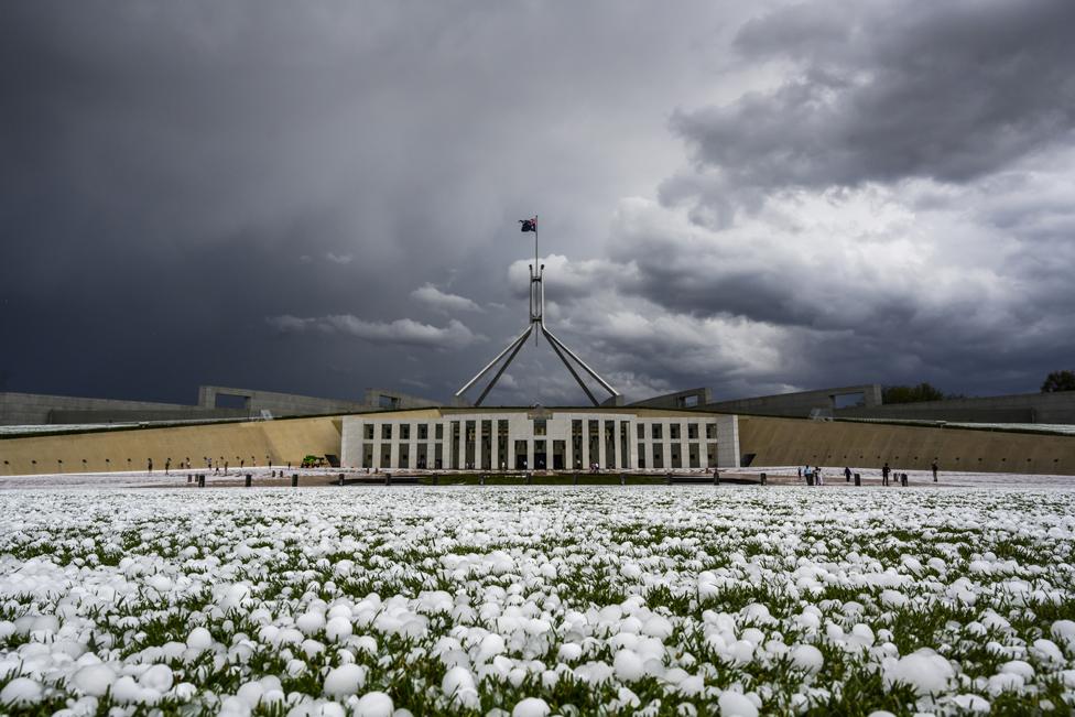 Golf ball-sized hail is shown at Parliament House in Canberra on January 20