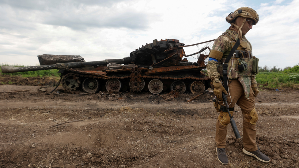 A destroyed Russian tank in Ukraine