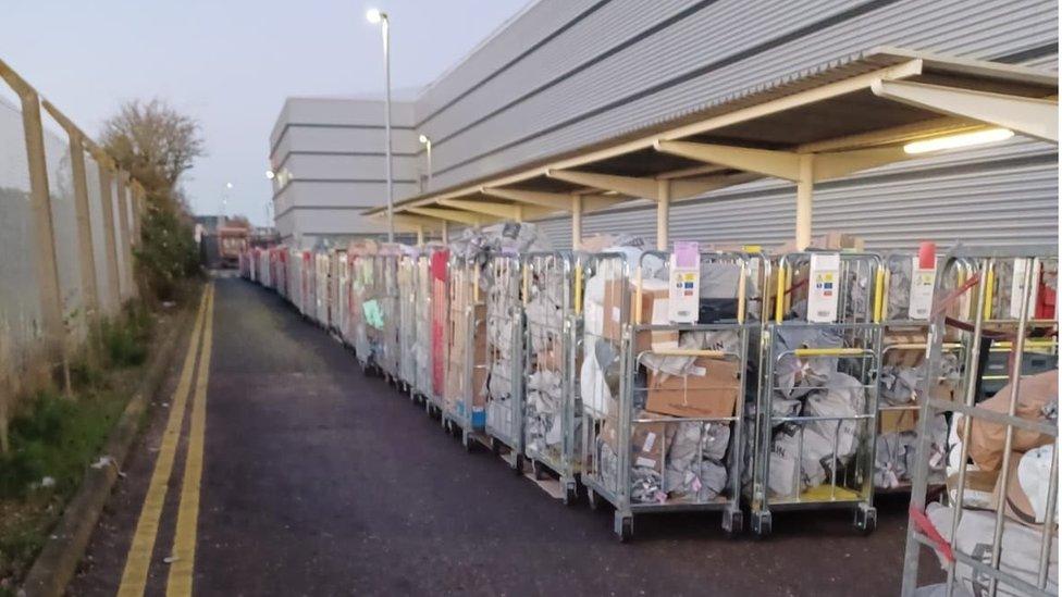 Mail in cages at the Bristol Mail Centre